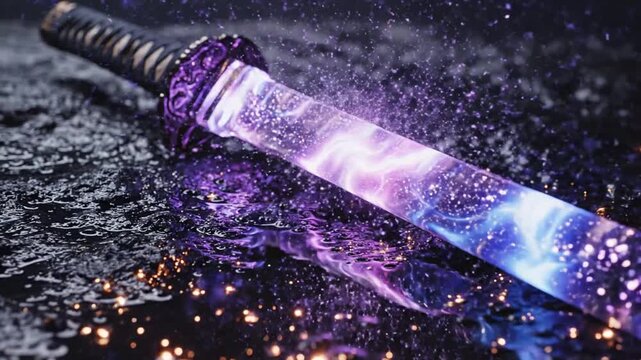 Glowing cosmic katana sword blade with nebula patterns resting on a dark wet surface