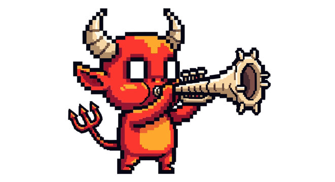 Pixel Art Devil Character Playing a Trumpet.
