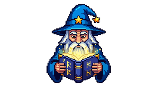 Pixel Art Wizard Reading Magical Spell Book.