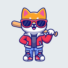 Fototapeta premium Cute Cool Shiba Inu Dog Holding Baseball Bat Cartoon