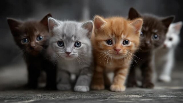 Close-up group of cute multicolored kittens looking at the camera, capturing playful charm, curiosity, and adorable pet companionship.