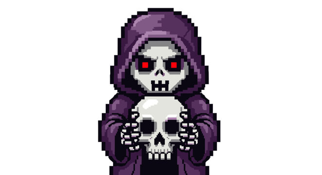 Pixel Art Grim Reaper Holding Skull Character.