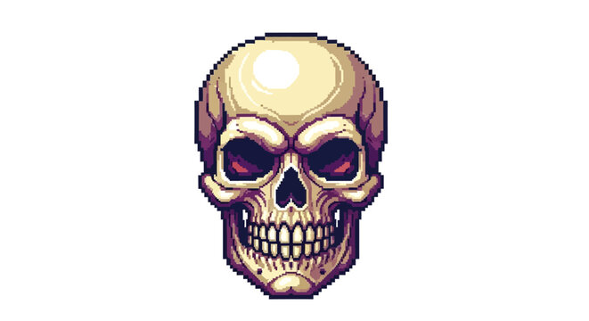 Pixel Art Human Skull With Dark Red Eyes.