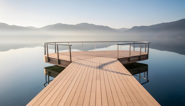 Modern lake viewing platform with railing extends into calm misty water with mountains for Serenity and Mindfulness Concept, peaceful morning landscape
