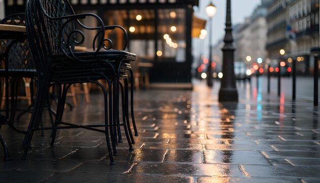 Outdoor cafe chairs stacked on a wet city sidewalk at night during rain for an urban solitude concept featuring blurred street lights and warm reflections