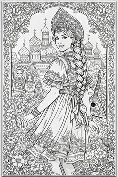 Detailed black and white coloring page of a traditional Russian