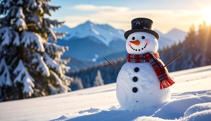 Obraz premium A snowman in a winter landscape with mountains and trees