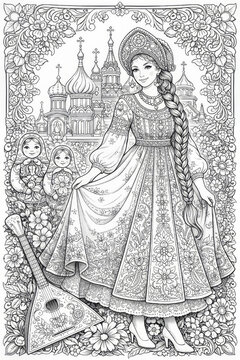 Intricate adult coloring page of a graceful Russian folk princes