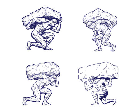 Atlas carrying heavy stone, mythological titan bearing world burden, powerful man in athletic pose, classical sculpture inspiration, strong physique.