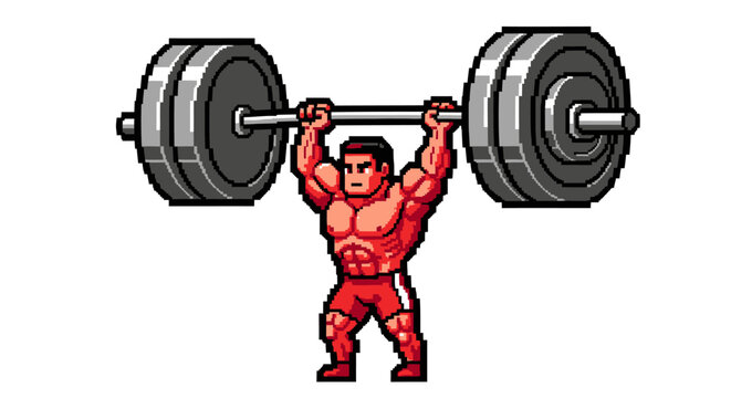 Pixel Art Strongman Lifting Heavy Barbell Weight.