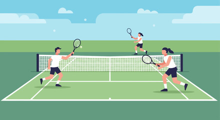 Obraz premium Four people playing doubles tennis match.
