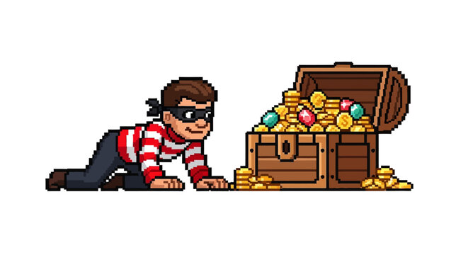 Pixel Art Thief Sneaking Towards Treasure Chest Full of Gold Coins.