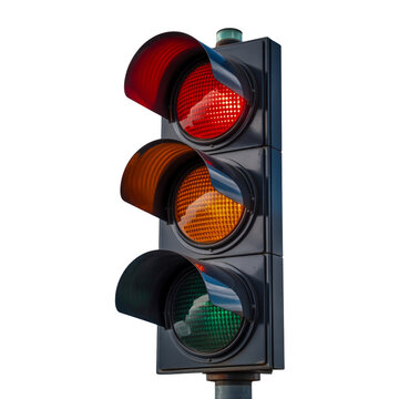 Traffic lights, road signals, urban traffic control devices, red yellow green signal lights, transport safety system, road intersection signs, isolated on transparent background