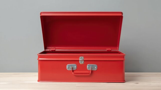 Bright Red Metal Toolbox with Open Lid on Wooden Surface Against Grey Background for DIY and Craft Projects