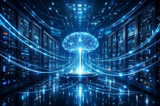 Futuristic Data Center Infrastructure with High-Performance Server Racks and Cloud Computing Technology