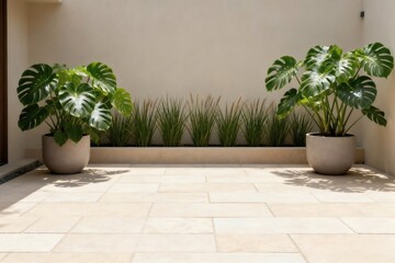 Fototapeta premium Modern Backyard Garden with Minimalist Green Plants in Soft Natural Light