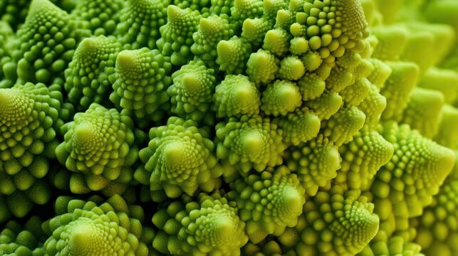 Close-up view of a green romanesco cauliflower on display