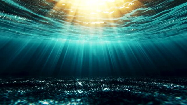Sun rays penetrate the ocean surface creating underwater light beams.