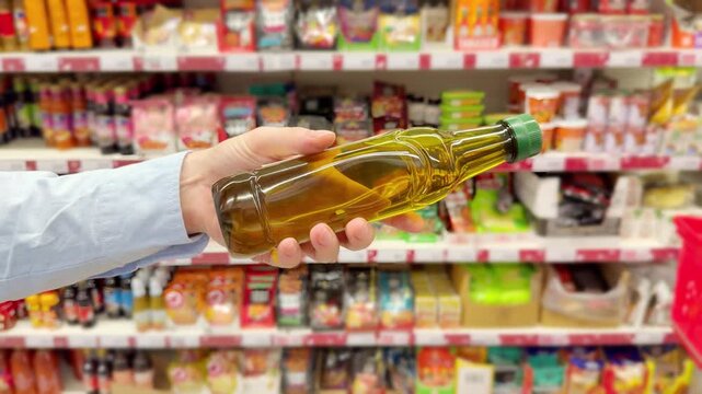 choosing olive oil, sauce, vinegar at the grocery store