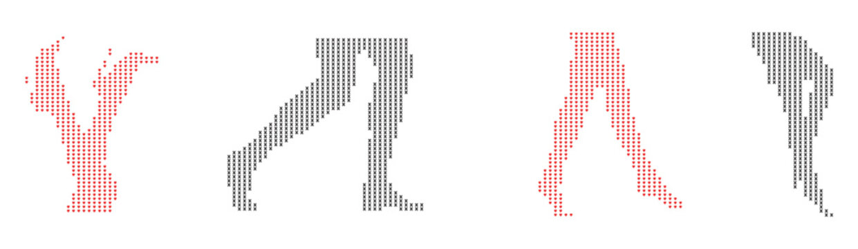 Female human leg walking pose bundle with red and grey halftone dotted pattern graphic design