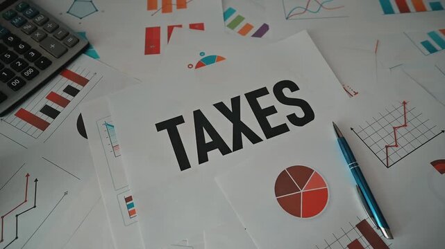 Tax documents are spread out on a desk with various charts and graphs present. A calculator is also visible, showing an organized workspace focused on financial tasks