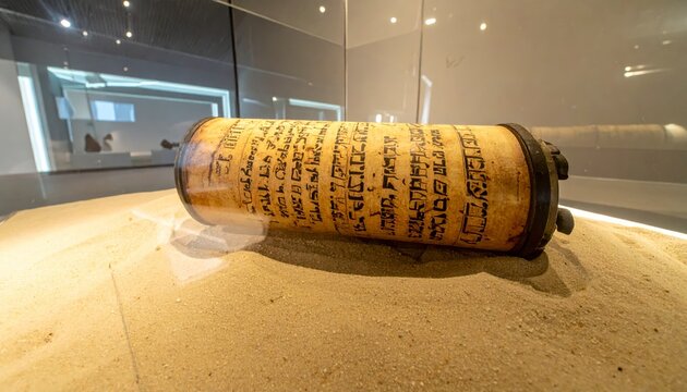 Ancient Hebrew Scroll of Religious Text from the Dead Sea Scrolls, Preserved Artifact