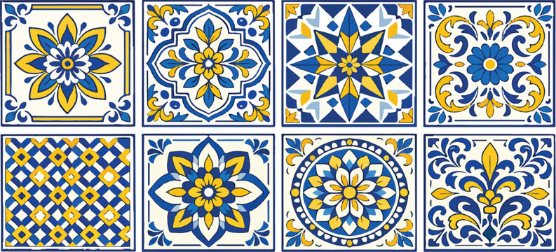 Mediterranean ceramic tile set with blue and yellow floral patterns, traditional Portuguese azulejo vector elements, 8 decorative mosaic tiles