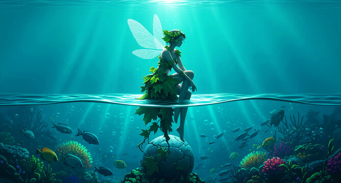 Fairy with translucent wings and leaf dress sitting in underwater ocean scene. Sunbeams pierce the blue water surrounding tropical fish and coral reefs. Fantasy nymph aquatic nature concept.