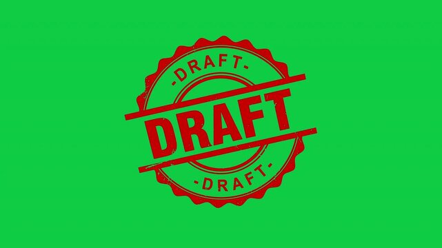 Red draft rubber stamp animation on green screen, vintage circular draft seal icon, professional document status mark for video editing