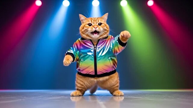 Performing Cat in Colorful Jacket On Stage