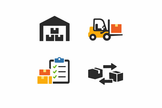 Warehouse logistics icons: storage, forklift, inventory, shipping, distribution