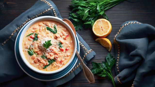 Tuscan White Bean Lemon Soup. Spicy chicken sausage with onions, shallots, garlic, Italian seasoning, carrots, celery, sun-dried tomatoes, white beans, fresh baby spinach, cream, parmesan, lemon juice