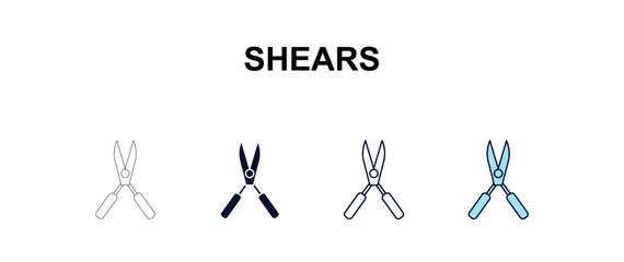 Fototapeta premium shears multi-style outline icon set - farming and gardening concept. Thin line, regular, filled, colored shears icon