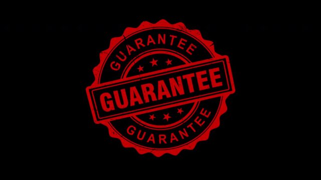 Red guarantee stamp animation on black background, rotating rubber seal with guarantee text, commercial quality assurance icon