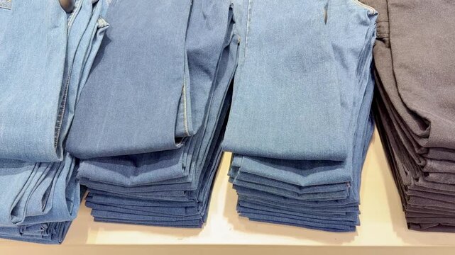 choosing clothes (jeans)in a shopping mall. clothes hangers	
