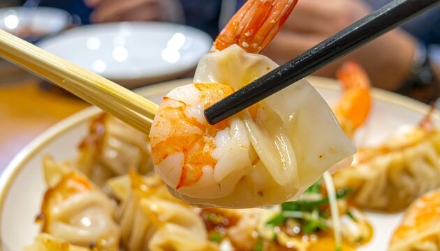 Close up shot of chopsticks picking up a delicate shrimp dumpling from a plate of Asian food.