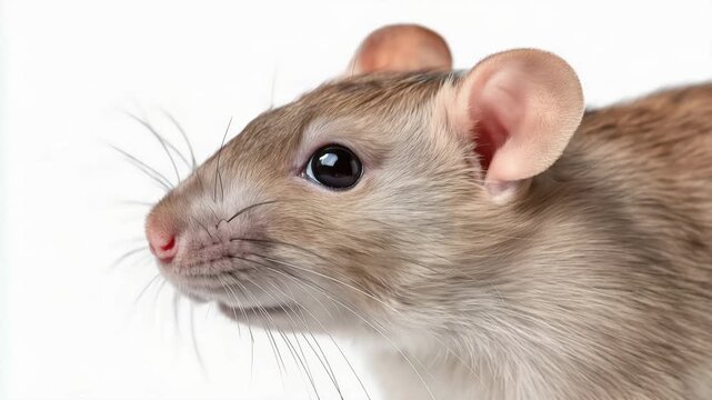 Curious rat sniffing and exploring closeup on white background