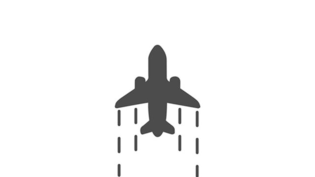 Visually appealing white linear animated icon of commercial airplane flight with dashed line trajectory trail for travel and aviation motion graphics on transparent background