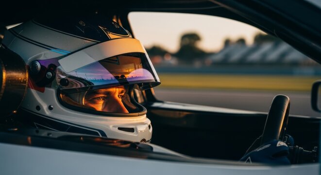 Man race car driver in helmet sitting in cockpit. Focused eyes through reflective visor at sunset racetrack. High-speed motorsport adrenaline and competition concept.