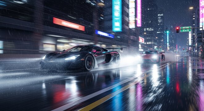 Two sports cars race along a wet city road at night, their white headlights shining through the rain and fog. It's a dynamic driving scene, full of speed and thrills.