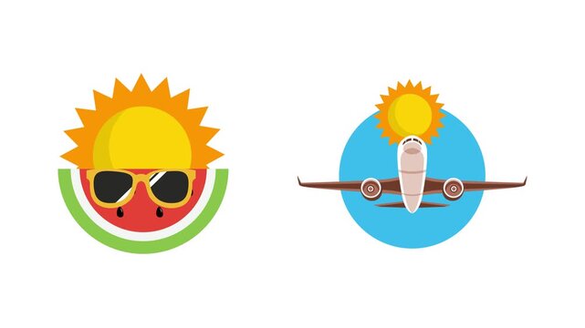 Summer Watermelon Sunglasses And Airplane Travel. Summer Icon concept. Full length Icon animation illustration. High quality&nbsp;4k&nbsp;footage