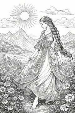 Elegant fantasy maiden with long braided hair walks barefoot thr