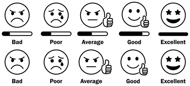 Feedback rating emoticon icon set. Feedback, rating, review, emoji, emoticon, smiley, satisfaction, survey, score, scale, evaluation, ranking, opinion, indicator. Bad poor average good excellent faces