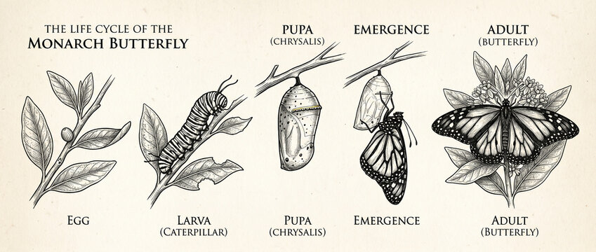 Monarch butterfly life cycle illustration with hand drawn growth cycle animal kingdom butterfly metamorphosis caterpillar chrysalis emergence illustration education transformation antennae