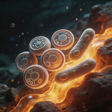 Microscopic view of archaea cells in extreme environment, detailed cellular structures