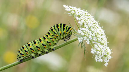 Fototapeta premium Green caterpillar with yellow and black stripes eating white flower petals caterpillar lifecycle eating leaves caterpillar creature wildlife butterfly transformation chrysalis herbivore