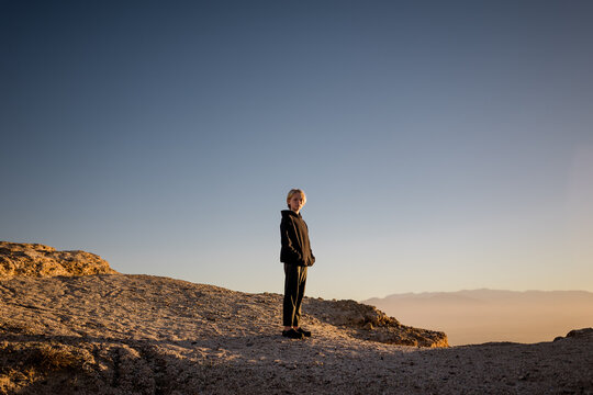 Portrait of Eleven Year Old Boy at Sunset at Font's Point in CA