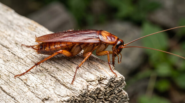 Close-up of a cockroach crawling on a weathered wooden surface with pest control cockroach creature crawling wildlife antennae disgusting entomology domestic household infestation scavenger
