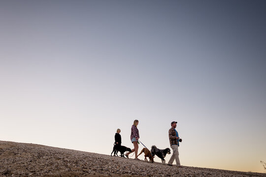 Mom, Dad, Dogs & Son Walking Downhill at Font's Point at Dusk