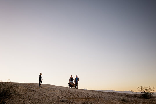 Wide View of Couple, Son & Dogs at Font's Point at Dusk in CA